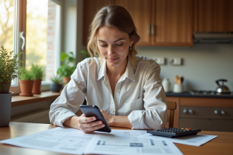Femme en train de vérifier des annonces de location dans une cuisine lumineuse
