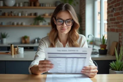 Femme en train de revoir ses frais de location dans un appartement moderne