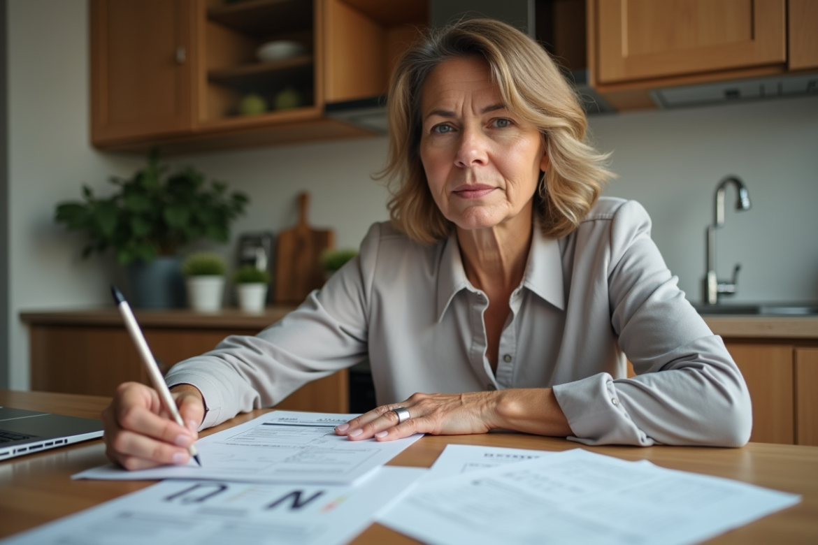 Femme d'âge moyen examinant des papiers dans la cuisine