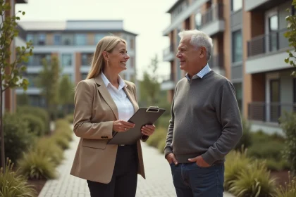 Femme en blazer discutant avec un senior dans un ecoquartier