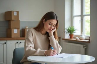 Femme signant une lettre dans un appartement moderne