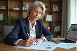 Femme consultant un simulateur de frais de notaire en ligne avant un rendez-vous bancaire pour un achat immobilier