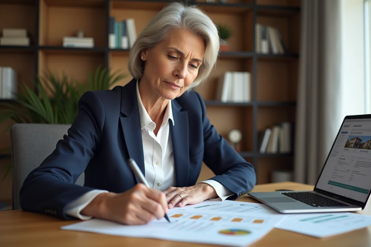 Femme consultant un simulateur de frais de notaire en ligne avant un rendez-vous bancaire pour un achat immobilier