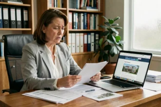 Femme stressée examinant des avis négatifs sur un investissement immobilier Orpi Invest Immo à son bureau