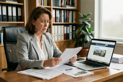 Femme stressée examinant des avis négatifs sur un investissement immobilier Orpi Invest Immo à son bureau