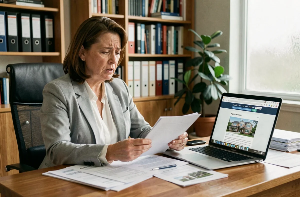 Femme stressée examinant des avis négatifs sur un investissement immobilier Orpi Invest Immo à son bureau