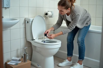 Femme vérifiant une chasse d'eau dans une salle de bain moderne
