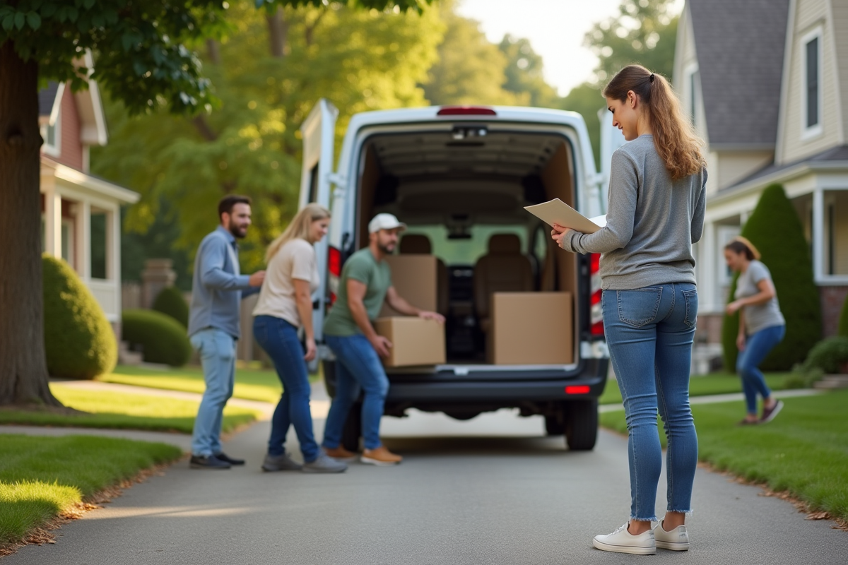 Femme vérifiant une liste à côté d’un van en rue calme