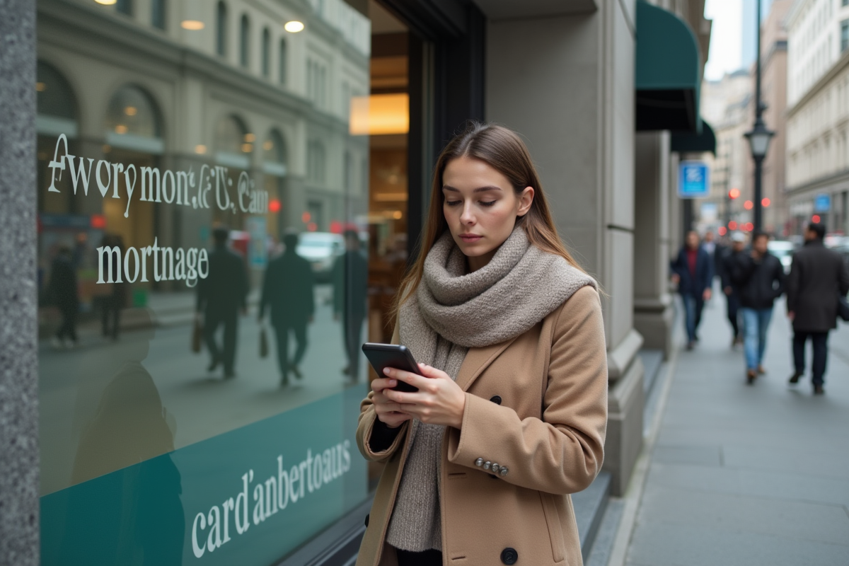 Jeune femme vérifiant les taux hypothécaires sur son smartphone devant une banque