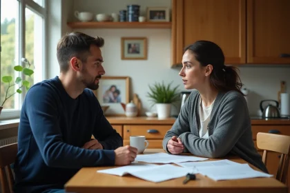 Frère et sœur discutant de la vente de la maison familiale autour d'une table avec des documents et des clés