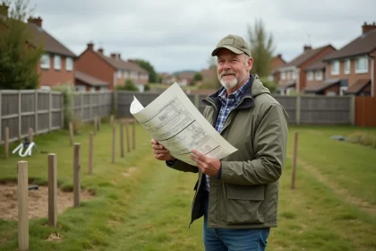 Geometre avec plan sur terrain en banlieue