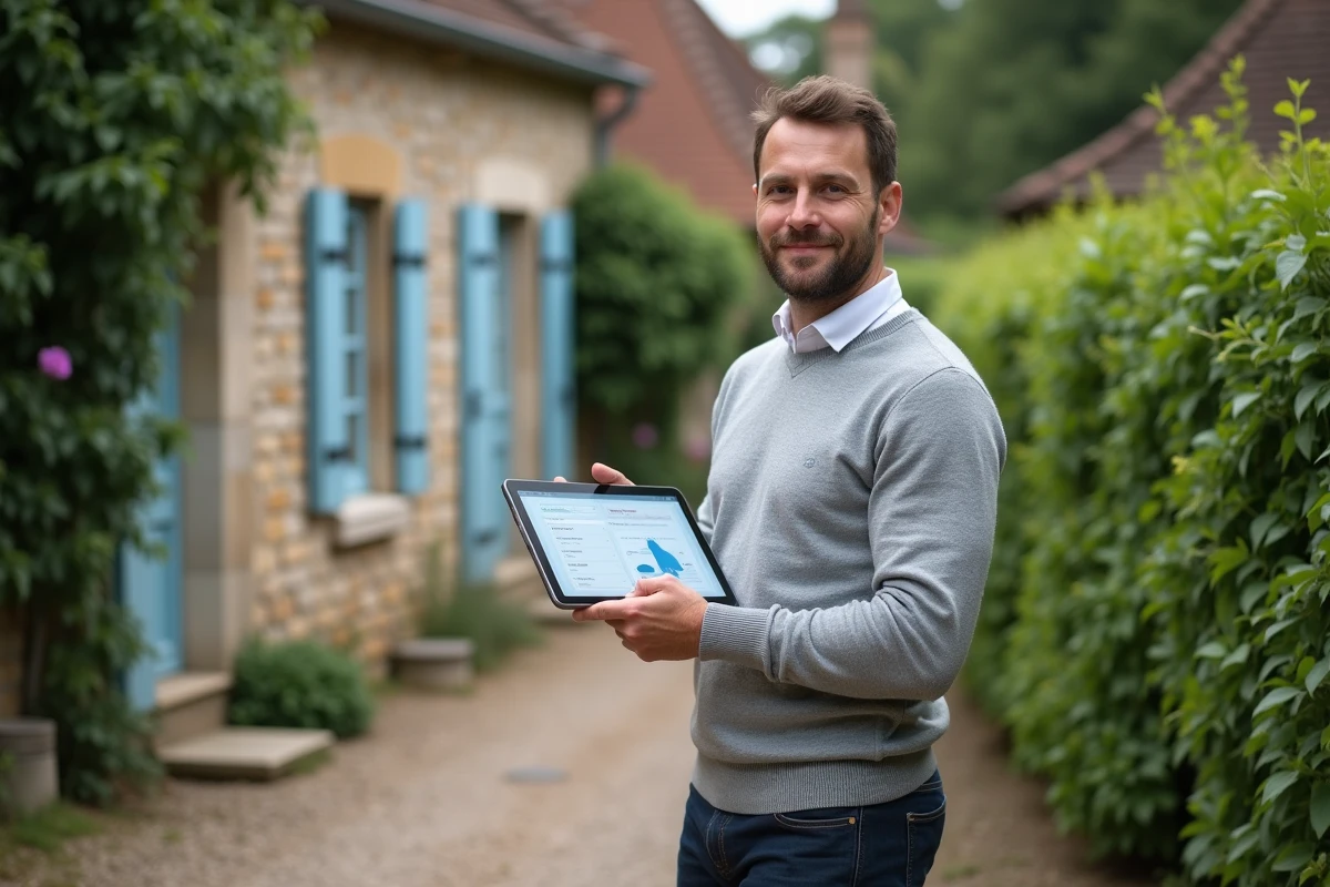 Gestionnaire de gîte rural consultant un logiciel de réservation sur tablette devant un cottage en pierre