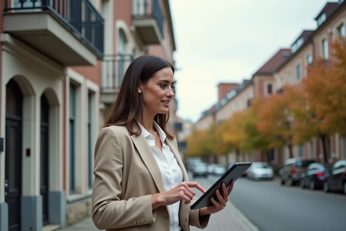 Femme gestionnaire immobilière devant un immeuble locatif en milieu urbain avec tablette numérique