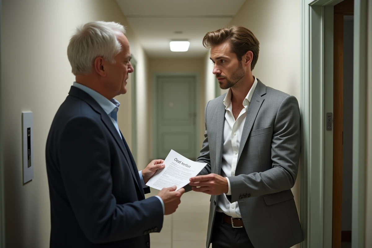 Jeune gestionnaire remettant un avis au locataire dans le hall