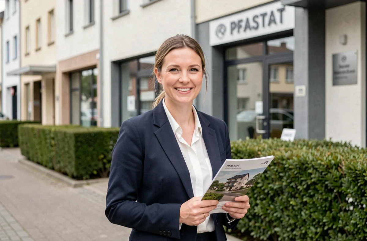 Agente immobilière professionnelle de Girardi Immobilier à Pfastatt tenant une brochure devant la vitrine de l'agence