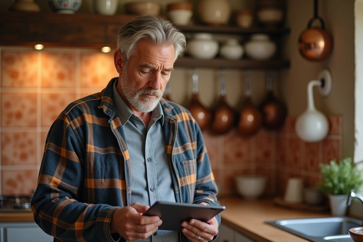 Homme propriétaire de gîte consulter une tablette bloquée dans une cuisine rurale française