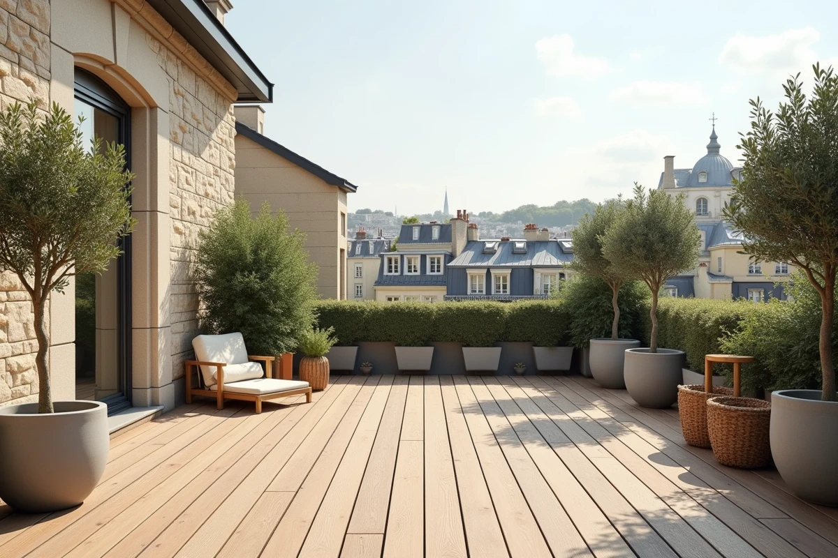 Grande terrasse d'appartement parisien aménagée avec terrasse en bois, oliviers et espace de vie extérieur pour famille