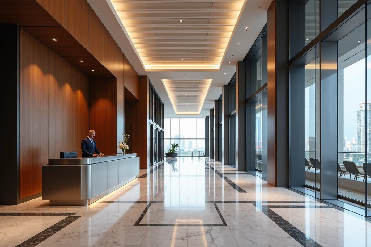 Hall d'entrée élégant de la tour Almas avec sol en marbre, bureau de réception et vue sur la promenade du lac
