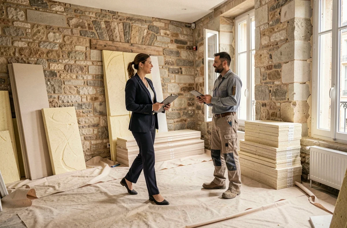 Chef de projet hemea Lyon supervisant une rénovation clé en main dans un appartement lyonnais avec murs en pierre apparente