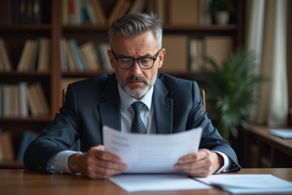 Homme d'affaires lisant des documents financiers dans un bureau
