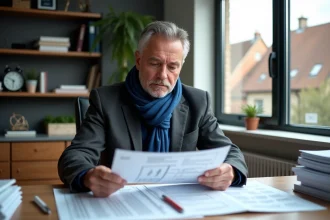 Homme d'affaires en blazer bleu examine documents fiscaux