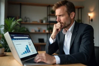 Homme d'âge moyen analysant un site immobilier sur son ordinateur