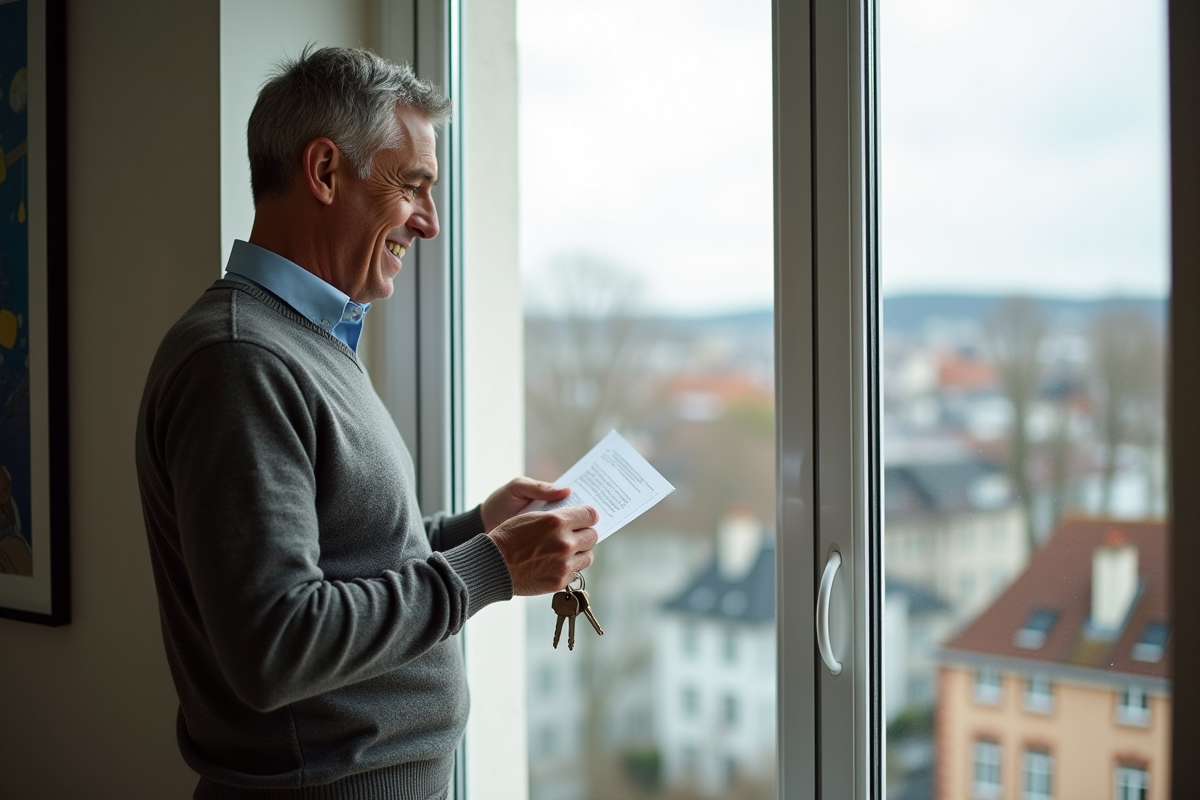 Homme regardant un contrat de location avec des clés à la main