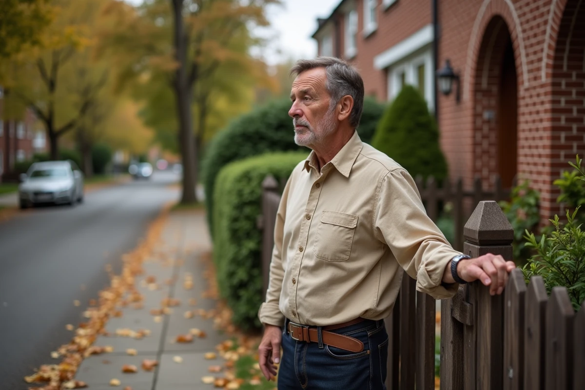 Homme adulte contemplant la maison de ses parents depuis le jardin, réfléchissant à un achat immobilier familial