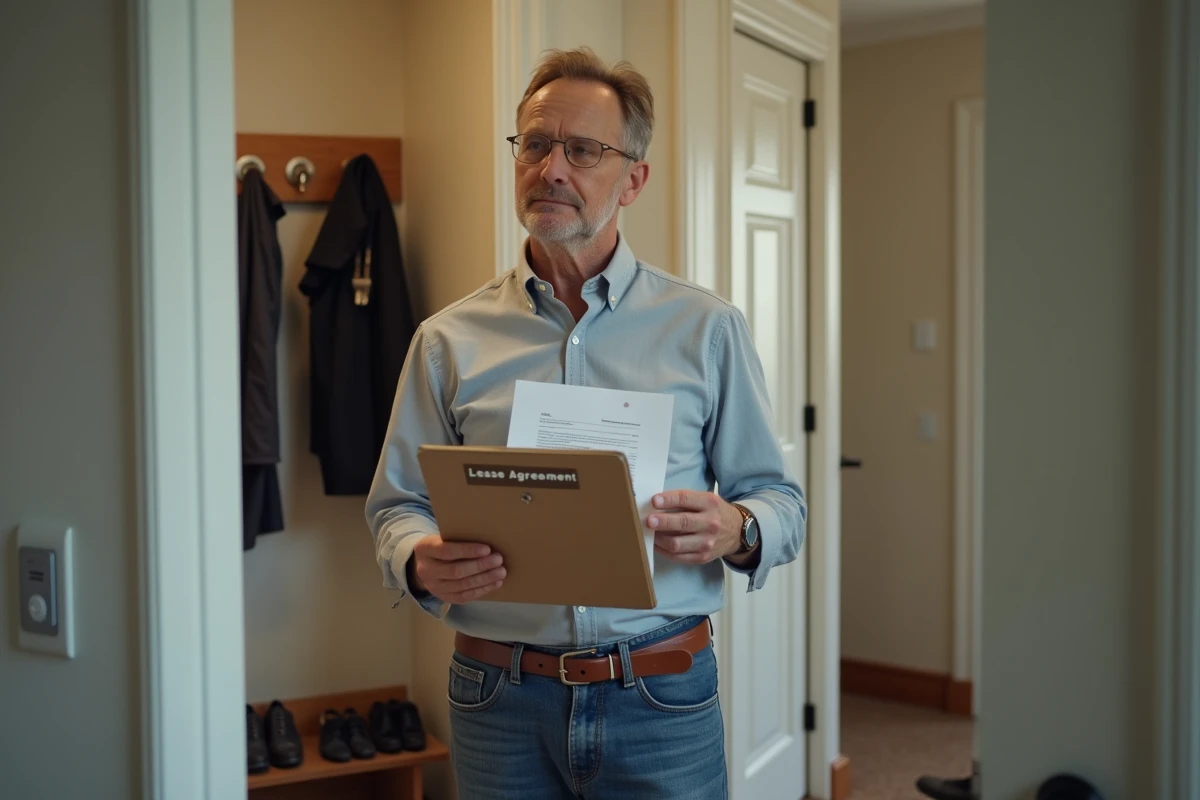 Homme avec un contrat de location et des clés dans un hall d
