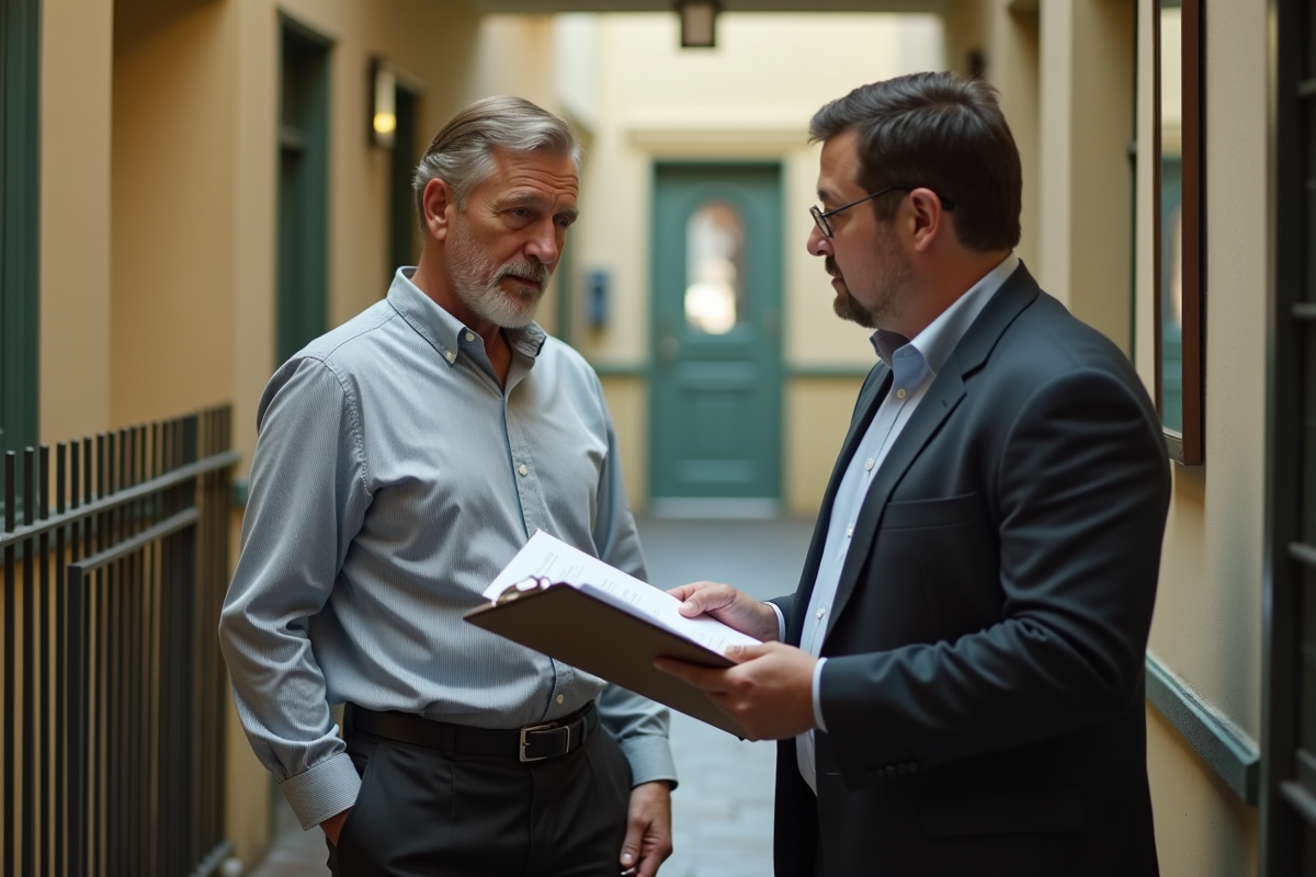 Homme et propriétaire examinant un contrat de location dans le couloir