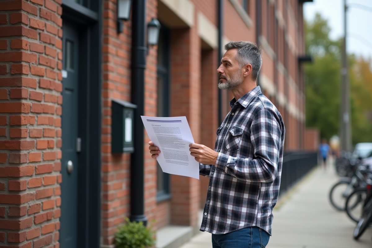 Homme évaluant un contrat de location devant un immeuble résidentiel