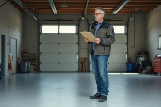 Homme d'âge moyen dans un garage examine le sol peint