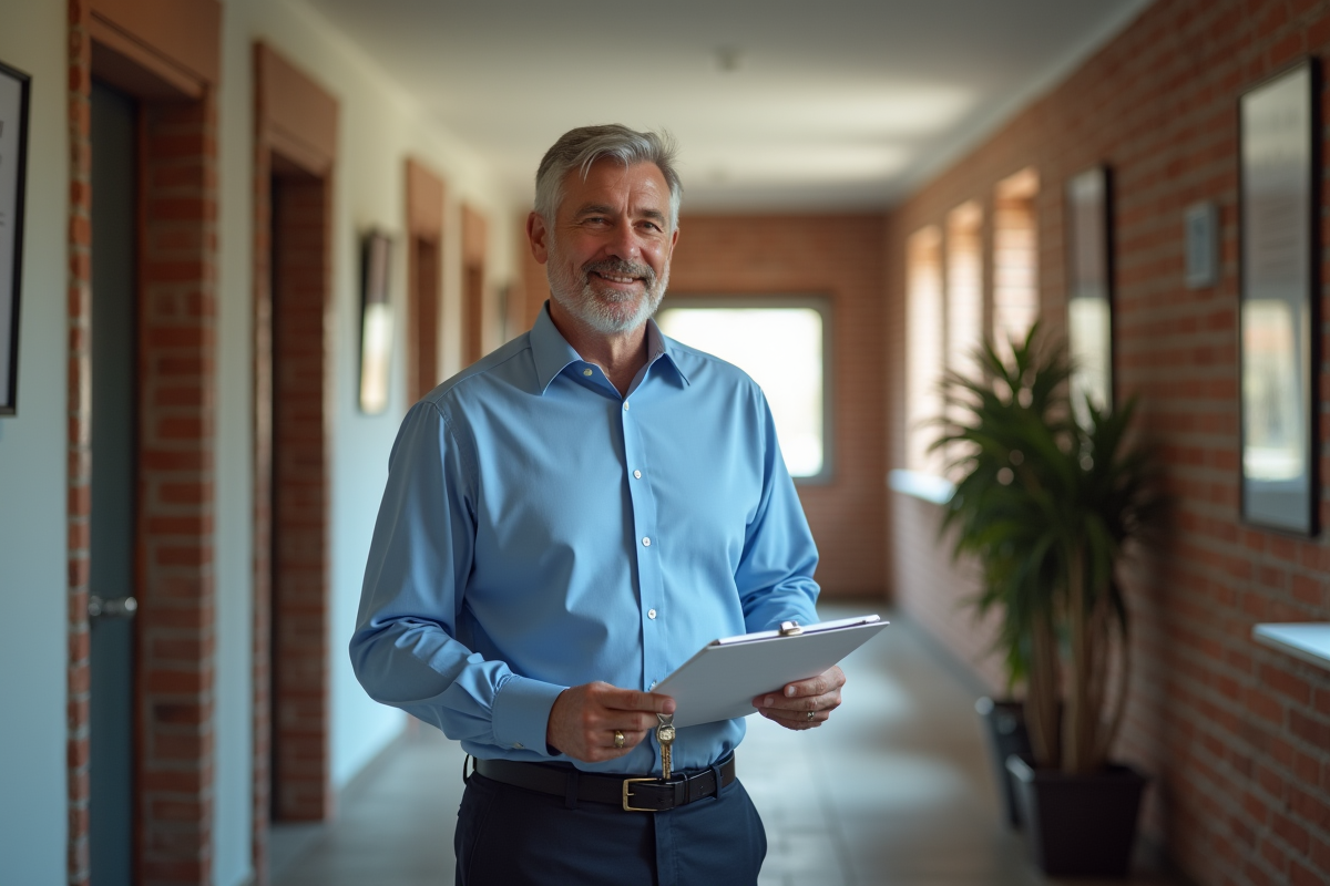 Homme remet un contrat de location à un couple dans un hall