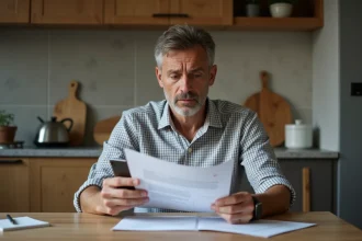 Homme inquiet avec documents d'assurance dans une cuisine française