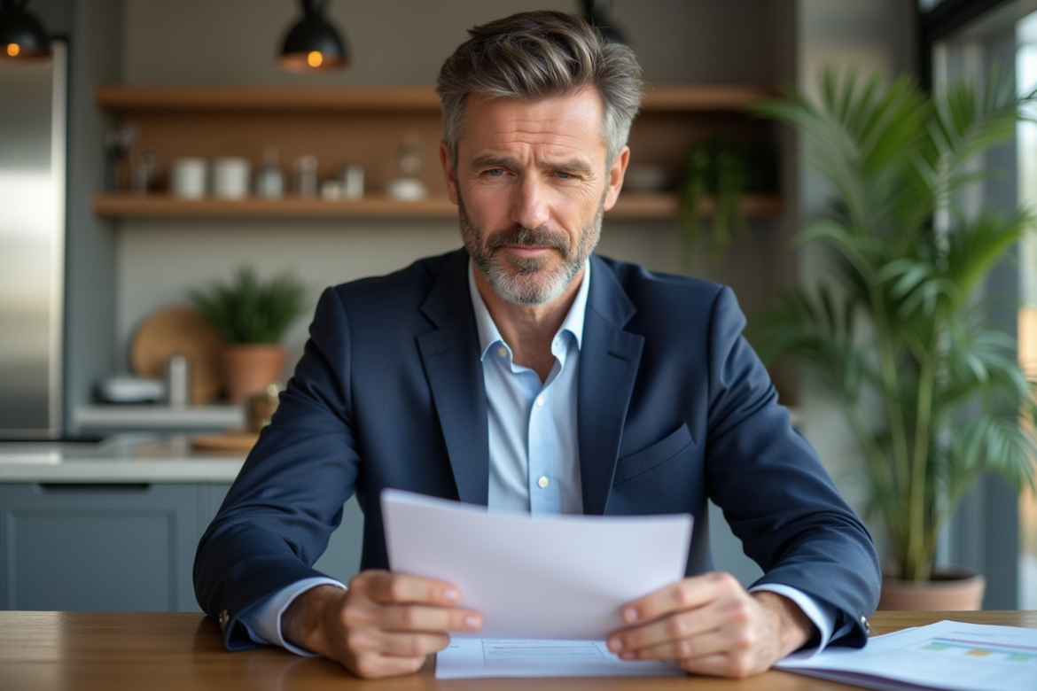 Homme d'âge moyen en costume bleu lit des documents de prêt immobilier