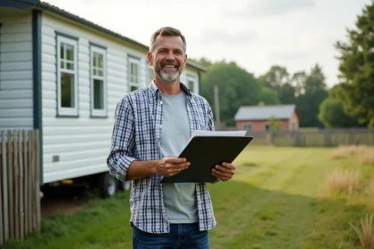 Homme souriant avec dossier devant mobile home en campagne
