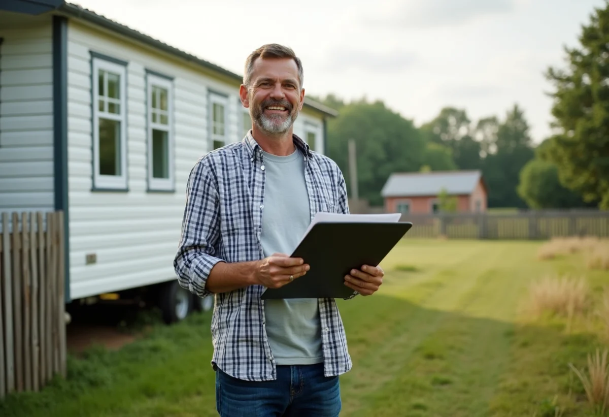 Homme souriant avec dossier devant mobile home en campagne