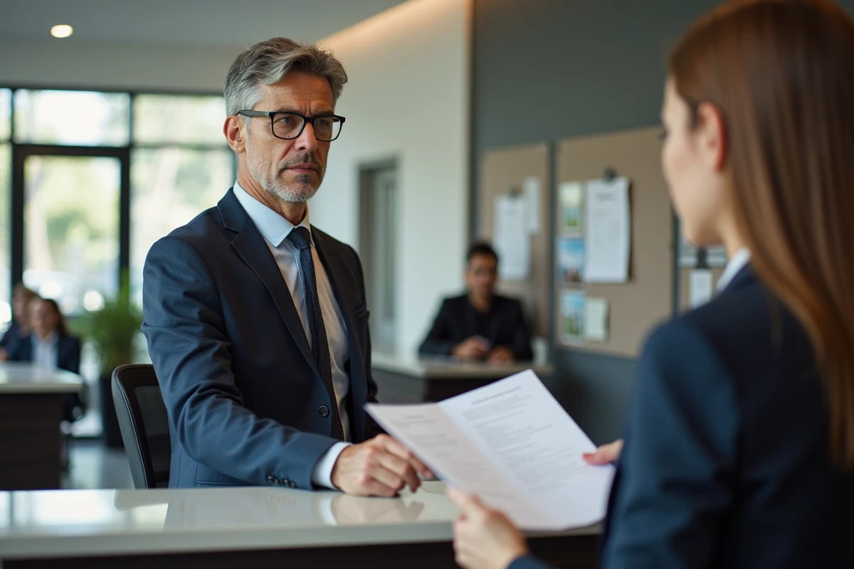 Homme d affaires remettant une lettre de plainte à la reception