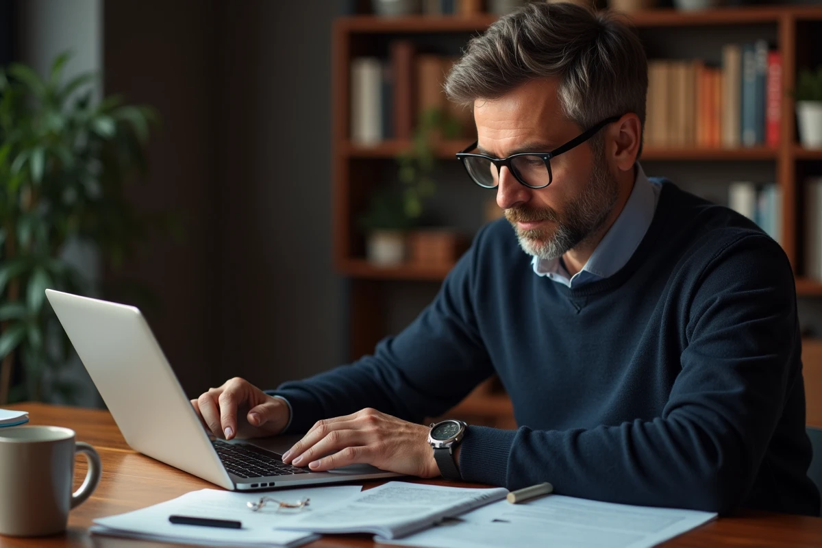 Homme consultant un guide consommateur sur ordinateur pour éviter les erreurs d'achat