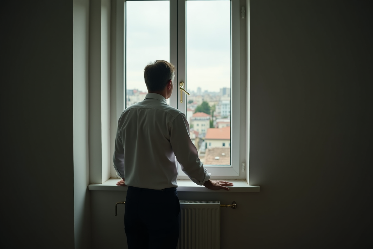 Homme regardant par la fenêtre dans un appartement modeste