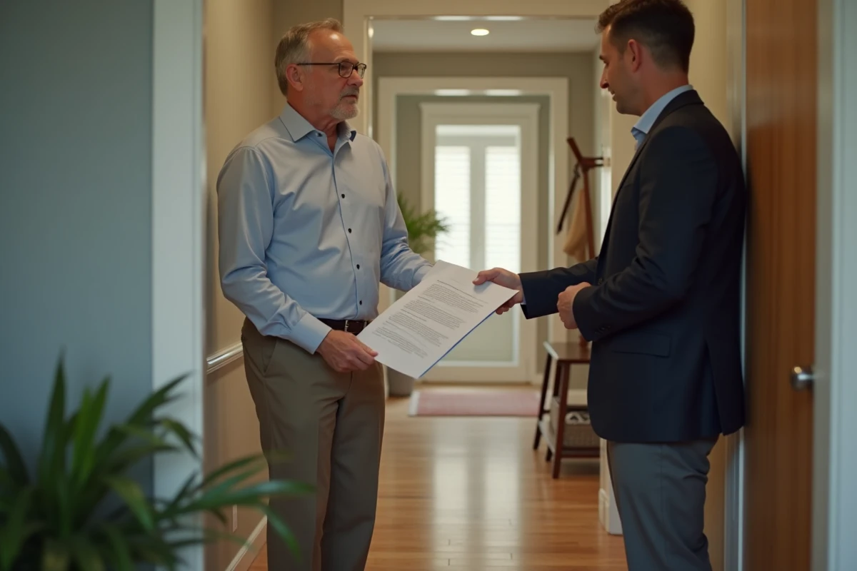 Homme donnant une lettre à un propriétaire dans un appartement