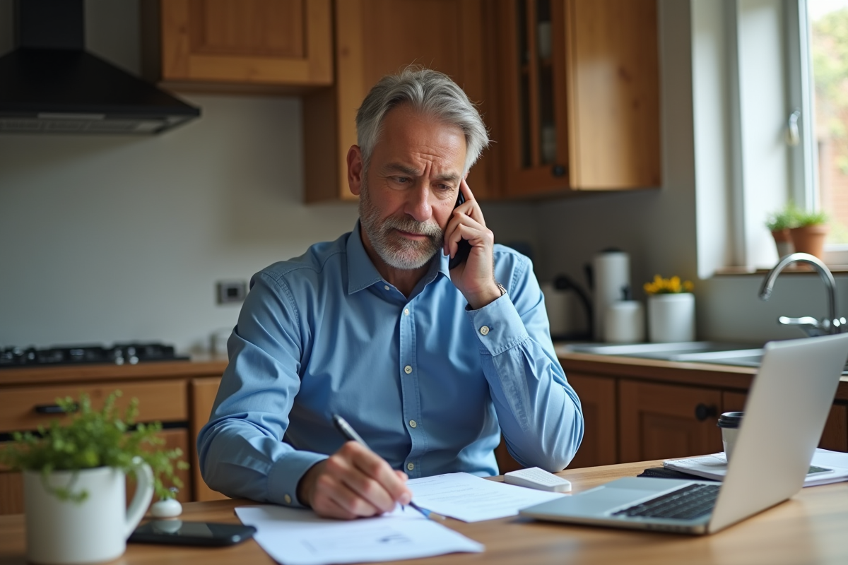 Homme au téléphone discutant pénalités de remboursement