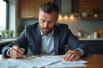 Homme d'âge moyen examine ses déclarations fiscales