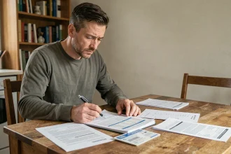Homme seul examinant des documents de crédit immobilier en indivision à la maison, illustrant la situation de remboursement solitaire d'un prêt immobilier