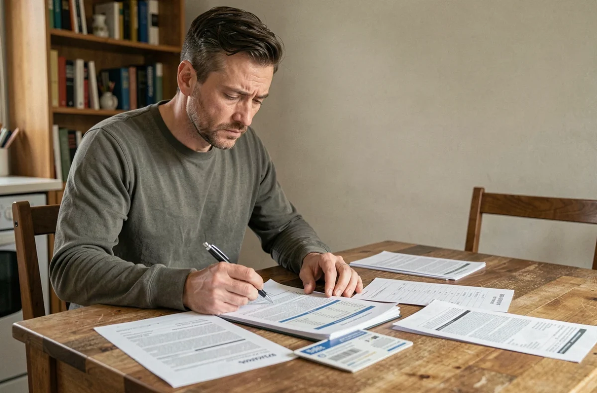 Homme seul examinant des documents de crédit immobilier en indivision à la maison, illustrant la situation de remboursement solitaire d'un prêt immobilier