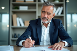 Homme d'âge moyen signant des documents au bureau