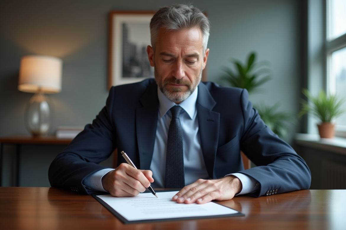 Homme d'âge moyen signant un document immobilier dans un bureau moderne