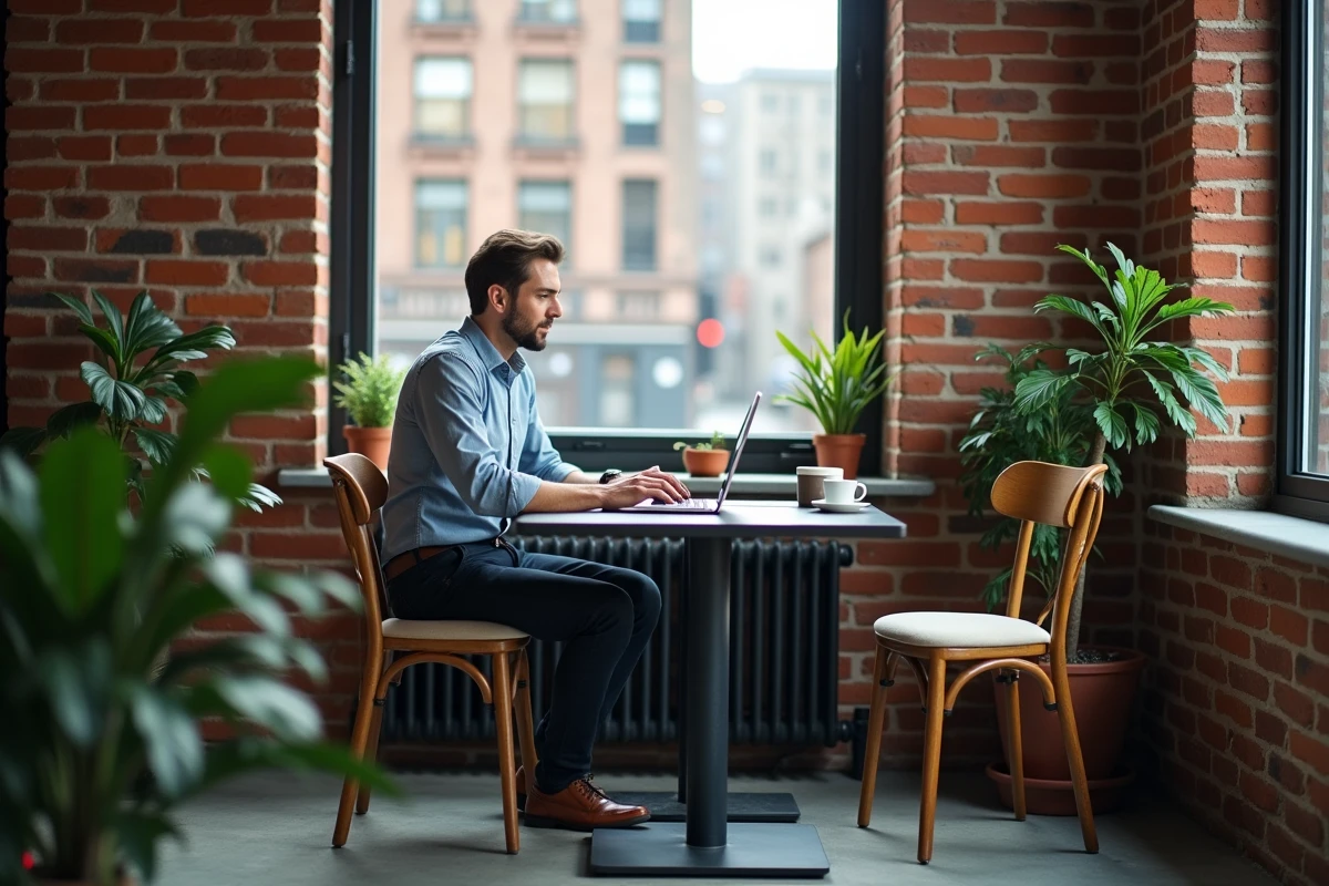Homme travaillant sur un laptop dans un studio urbain