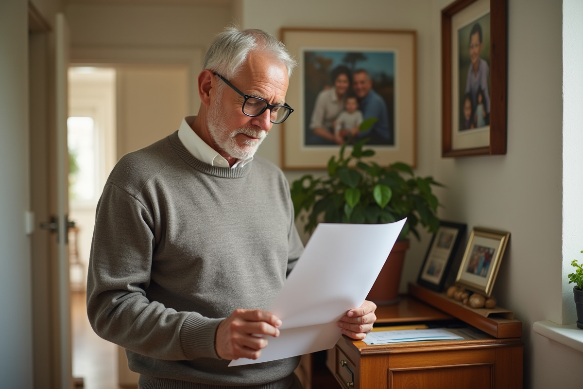 Homme âgé organisant ses papiers dans un couloir lumineux