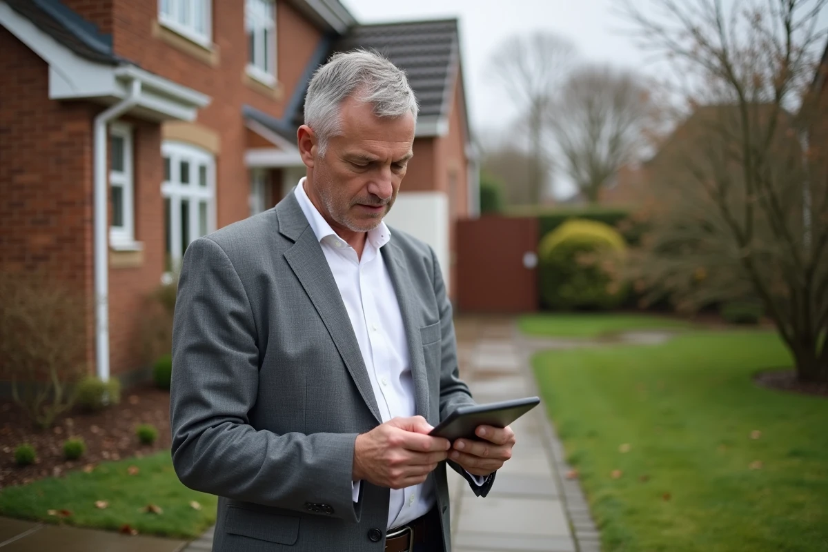 Homme avec tablette devant une maison en banlieue